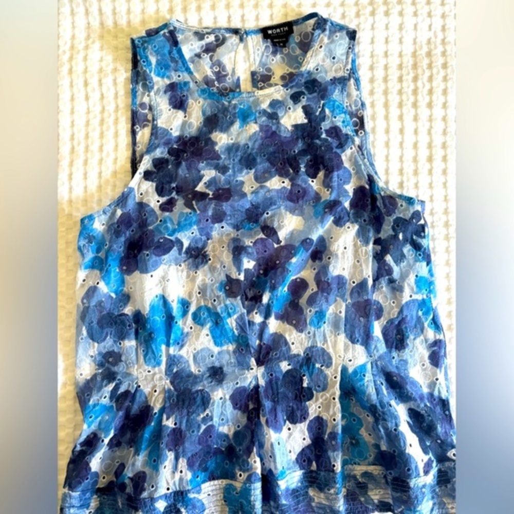 EUC 💙 Worth NY Sleeveless Eyelet Sheer Floral Top – Size 10 – Blue & White 🌸